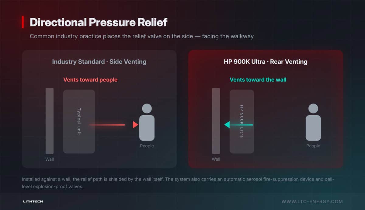 Rear-facing pressure relief design compared with conventional side venting